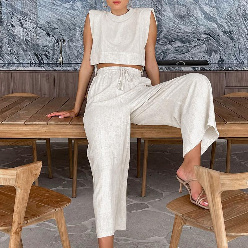 Summer Padded Shoulder Sleeveless Top Trousers Two Piece Set Casual Cotton Linen Suit Women Clothing